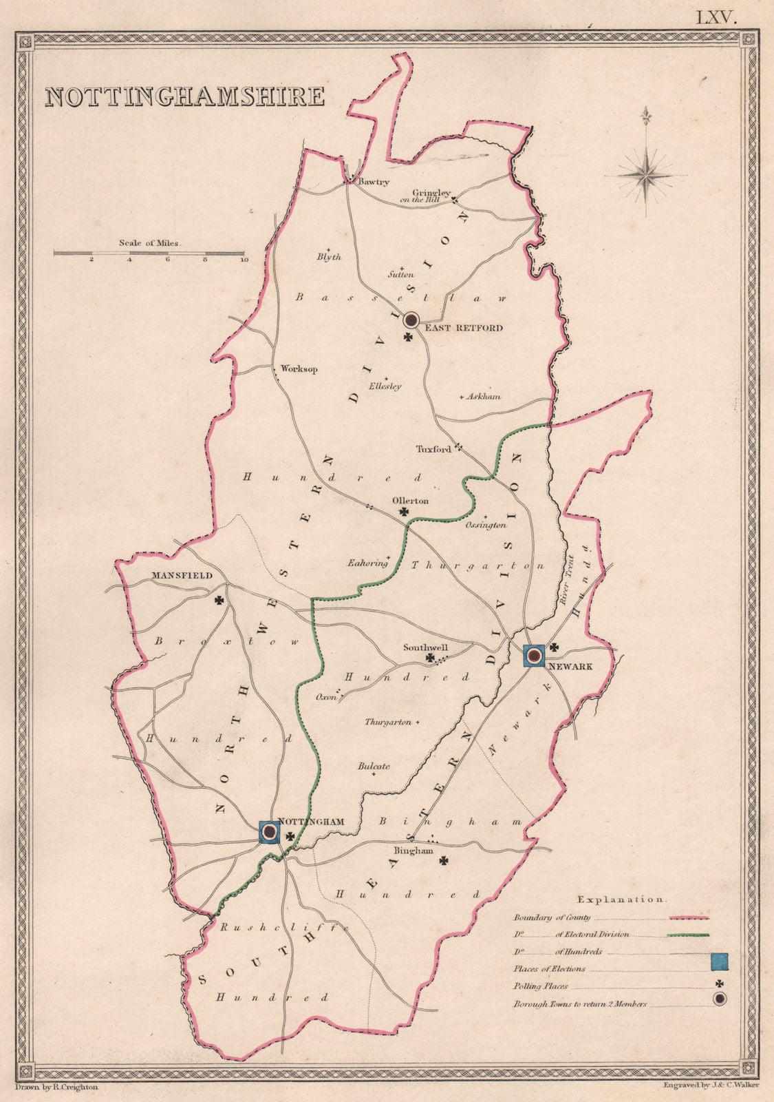 NOTTINGHAMSHIRE antique county map by CREIGHTON/WALKER. Electoral 1835 old